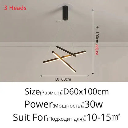 Modern minimalist aluminum ceiling chandelier with three intersecting black and gold metallic rods for indoor lighting