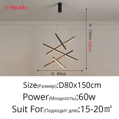 Modern minimalist aluminum ceiling chandelier with five intersecting gold-toned metal bars and LED bulbs for indoor use