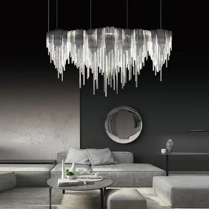 Silver metallic decorbites™ aluminum chain pendant lights with cascading textured glass prisms for dining table