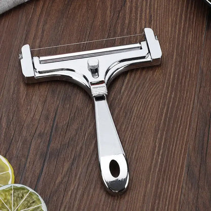 Shiny chrome aluminum cheese butter slicer with ergonomic handle and adjustable tension knob for precise cutting