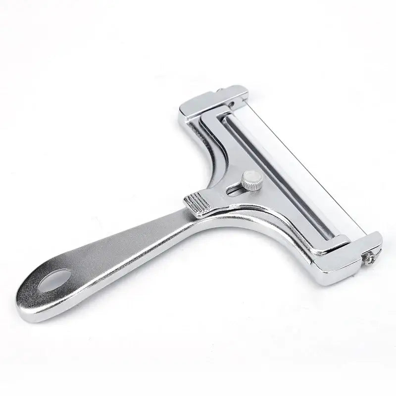 DecorBites™ aluminum cheese butter slicer with wire knife baking tool features a shiny chrome-finished vegetable peeler