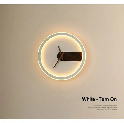 Decorbites™ aluminum clock wall lamp featuring a modern white clock with led ring and dark wood hands for home use