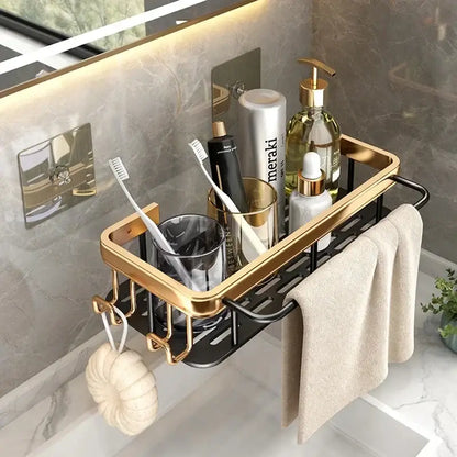 Gold and black aluminum corner bathroom shelf with integrated towel rack and hooks by DecorBites™