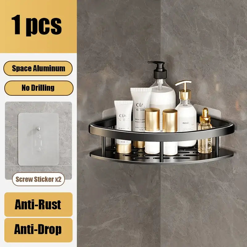 Black decorbites™ aluminum corner shelf organizer with sleek modern design anti-rust and anti-drop features