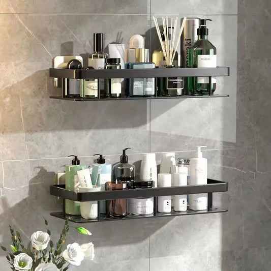 Black metal wall-mounted double shelf organizer made of aluminum corner shelf for bathroom and kitchen storage use