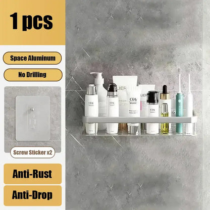 Silver aluminum corner shelf organizer with minimalist design and transparent adhesive backing for easy installation