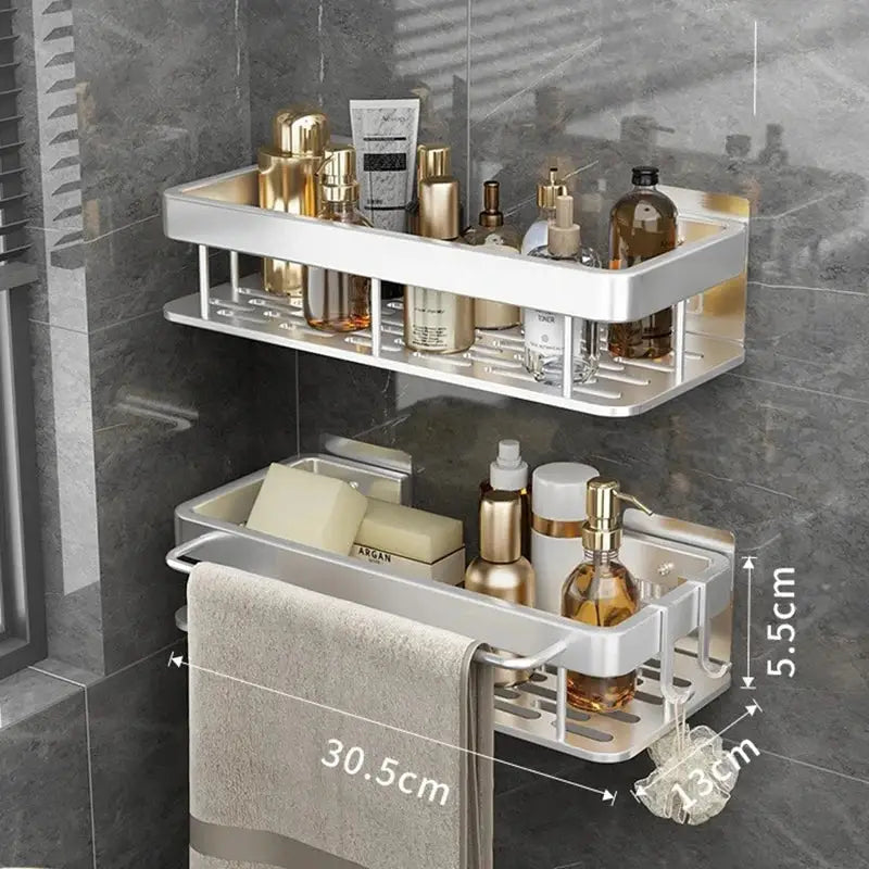 Decorbites™ aluminum corner shelf silver two-tier bathroom corner shelf with towel rack holding toiletries and towel