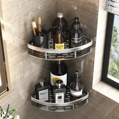 Silver aluminum double-tiered DecorBites™ corner shower storage rack with sleek modern design and rounded edges