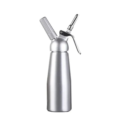 Silver metallic aluminum cream gun chantilly siphon dispenser with textured grip and fine nozzle for kitchen use