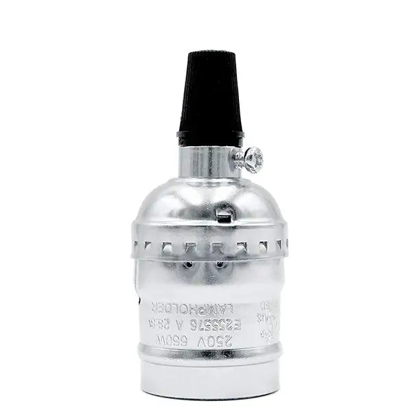 Silver aluminum lamp holder pendant light with black plastic top and engraved specifications by DecorBites™