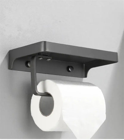 Black metal tissue box rack with aluminum gray phone shelf and curved arm holding white tissue paper roll