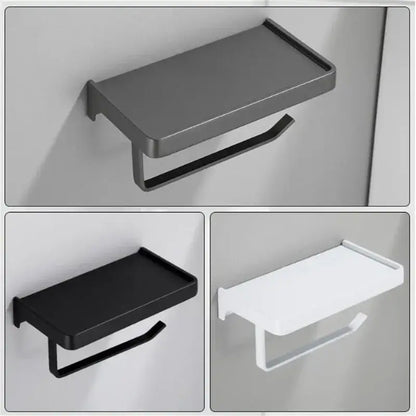 Modern minimalist aluminum gray bathroom paper roll holder with phone shelf and tissue box rack by DecorBites