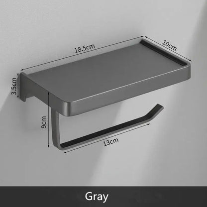 Decorbites aluminum gray tissue box rack with phone shelf featuring a sleek gray metallic bathroom tissue holder