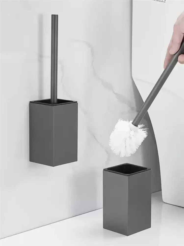 Decorbites aluminum gray toilet brush holder set with rectangular brush holder and matching gray handle with white bristles