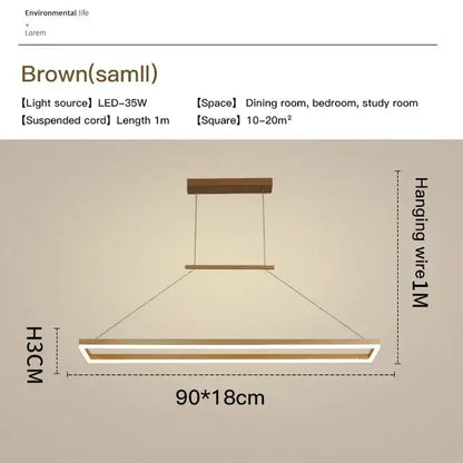 Modern brown rectangular aluminum led ceiling chandelier with wooden frame and sleek led lighting for kitchen island