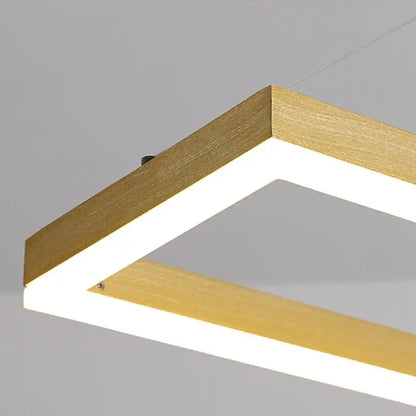 Modern rectangular aluminum led ceiling chandelier with gold-finished wooden frame for kitchen island and dining table