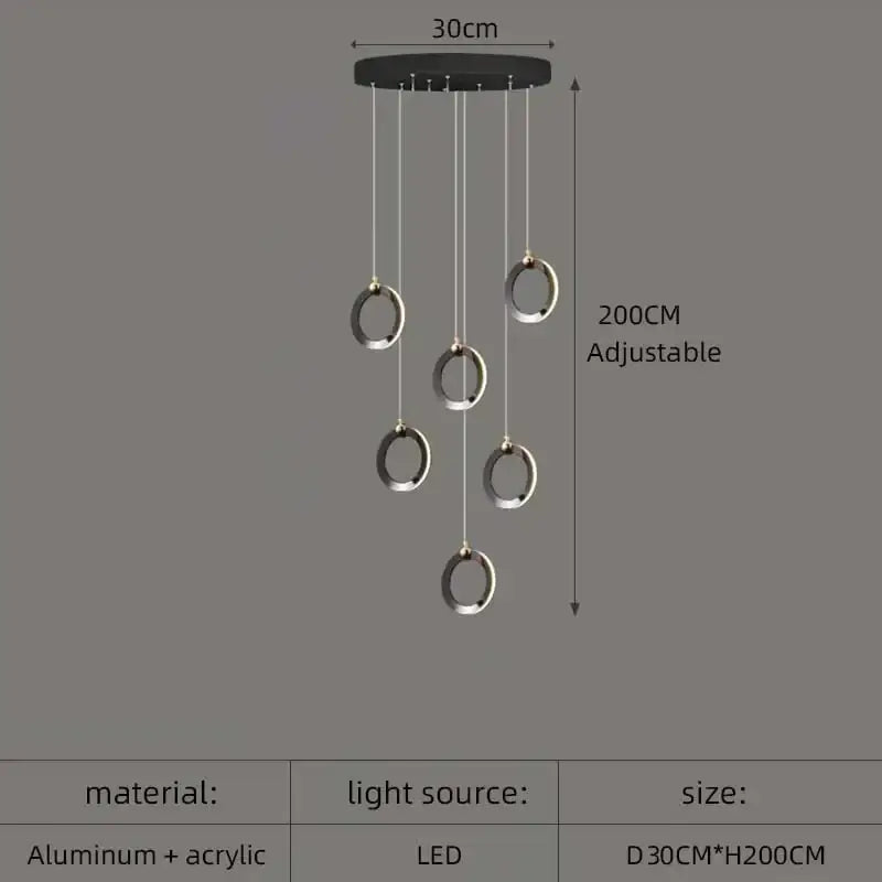 Modern black and silver aluminum led chandelier with adjustable height for luxury staircase lighting fixtures