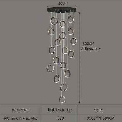 Modern black aluminum led chandelier with silver rings, adjustable height, and led lighting for luxury staircase lighting fixtures