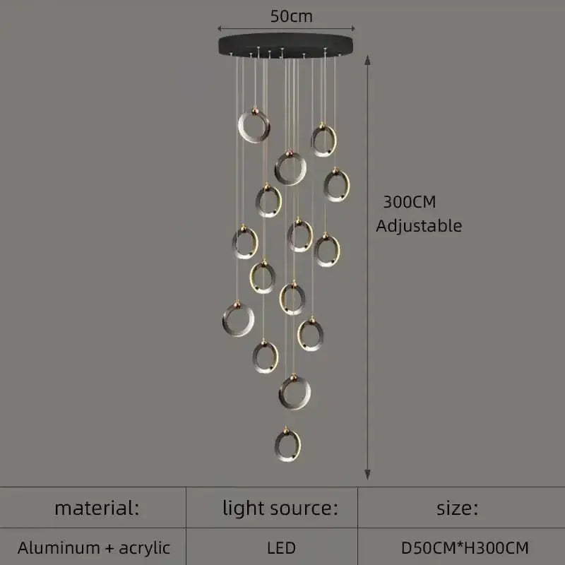 Modern black aluminum led chandelier with multiple silver rings hanging by cords for luxury staircase lighting