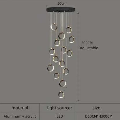 Modern black aluminum led chandelier with multiple silver rings hanging by cords for luxury staircase lighting