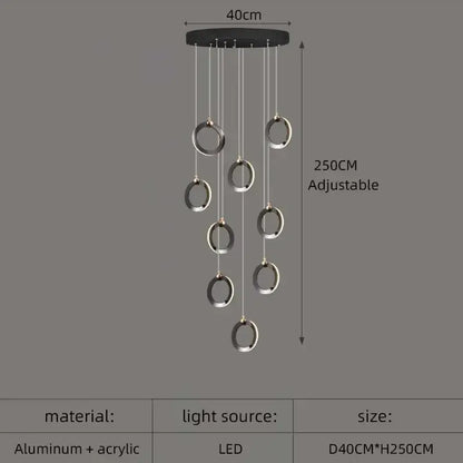 Modern black and silver aluminum led chandelier with adjustable height for luxury staircase lighting fixtures