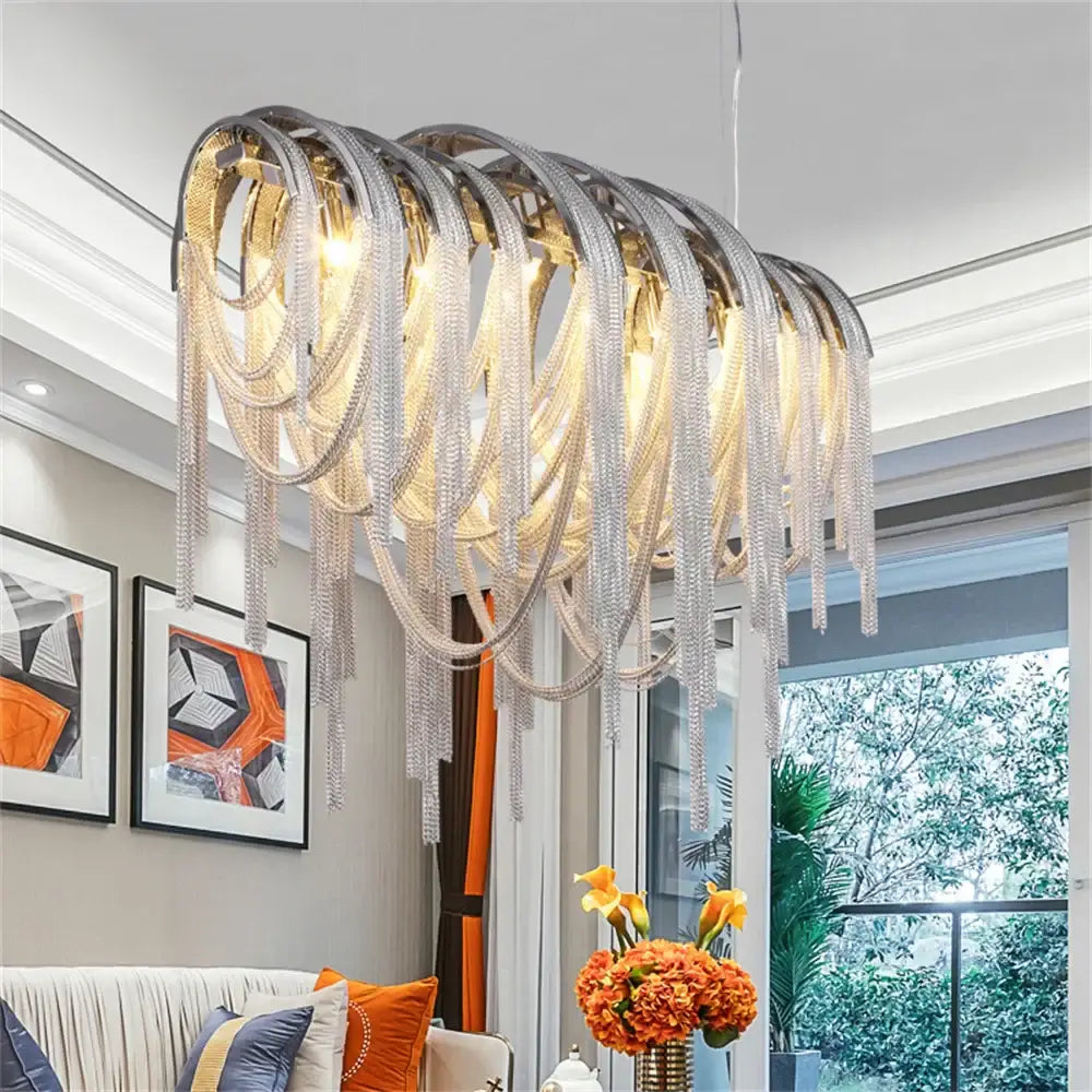 DecorBites aluminum led chandelier with silver-toned frame and cascading crystal beads for modern interior decor