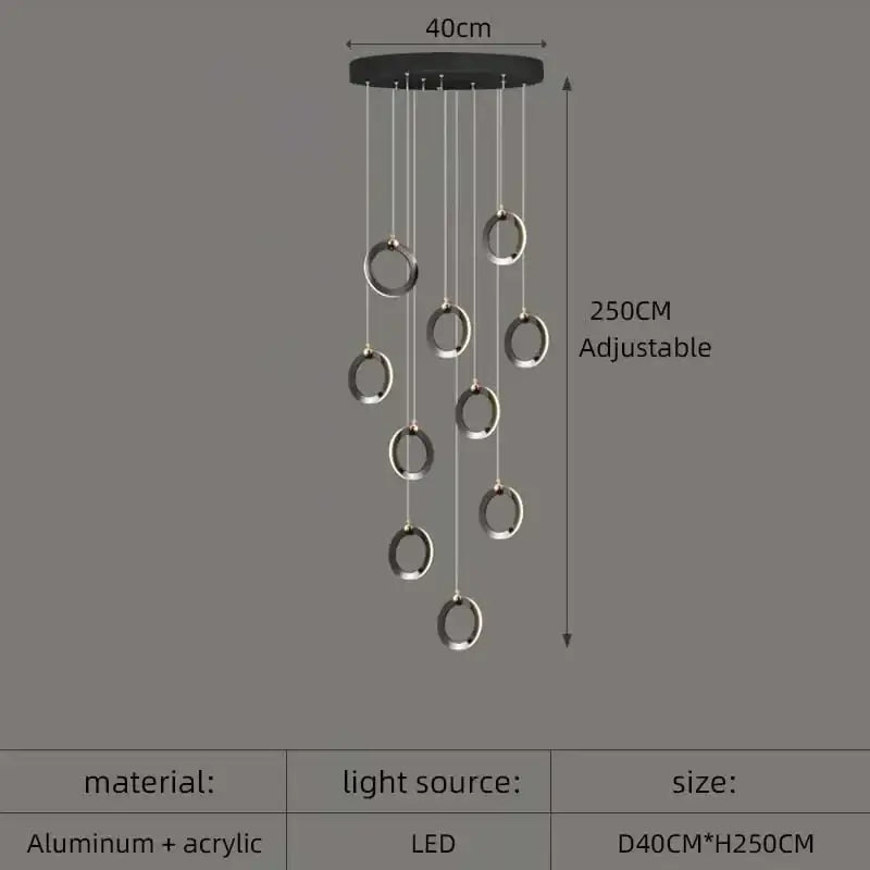 Modern black circular aluminum led chandelier with seven silver acrylic rings ideal for staircases and attics