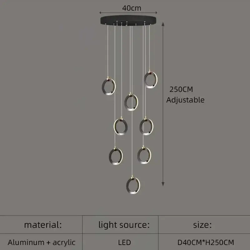Modern black and silver circular aluminum led chandelier with adjustable height for staircase and attic lighting