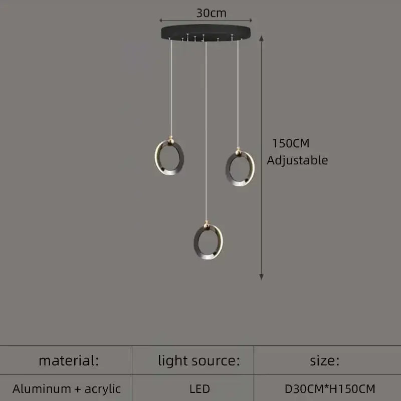 Modern black and silver aluminum LED chandelier pendant light with adjustable height for staircase and attic décor
