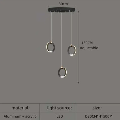 Modern black and silver aluminum LED chandelier pendant light with adjustable height for staircase and attic décor
