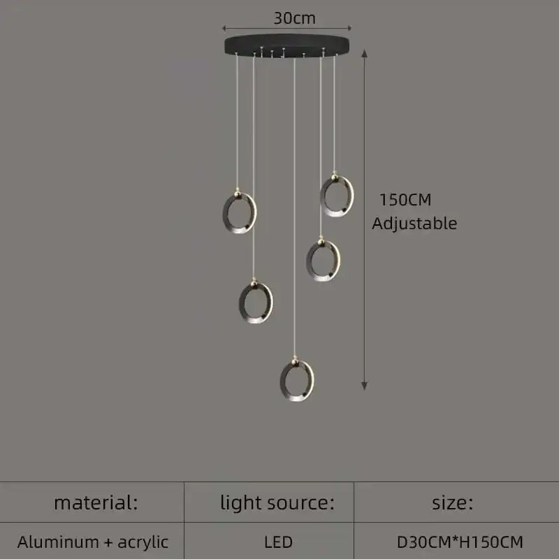 Modern minimalist aluminum led chandelier with black ceiling mount and four silver rings for staircase and attic lighting