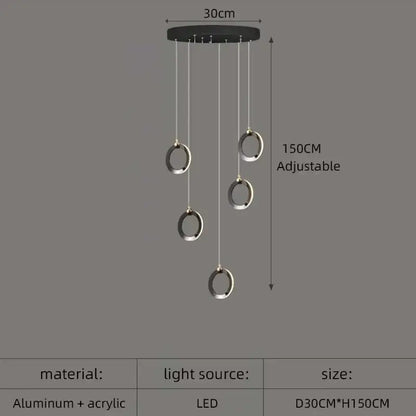 Modern minimalist aluminum led chandelier with black ceiling mount and four silver rings for staircase and attic lighting