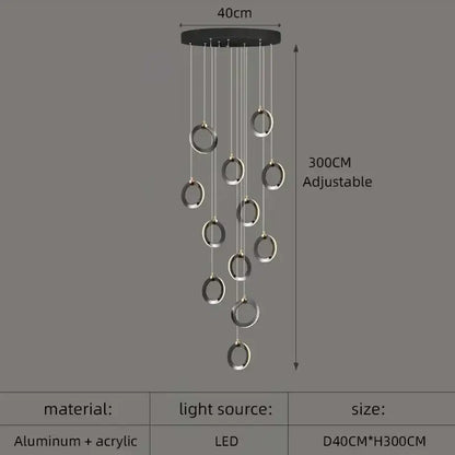 Modern minimalist DecorBites aluminum led chandelier with black ceiling mount and silver aluminum rings for staircase lighting