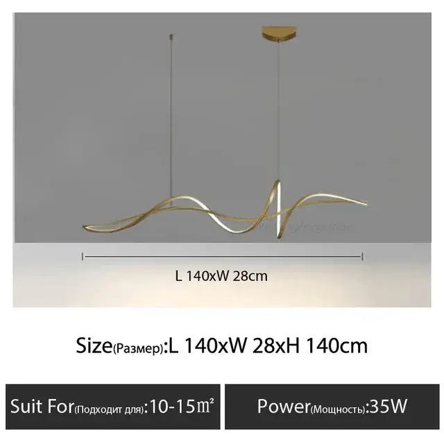 Gold-colored modern wave-shaped aluminum led chandelier with sleek metallic finish for stylish indoor dining island decoration