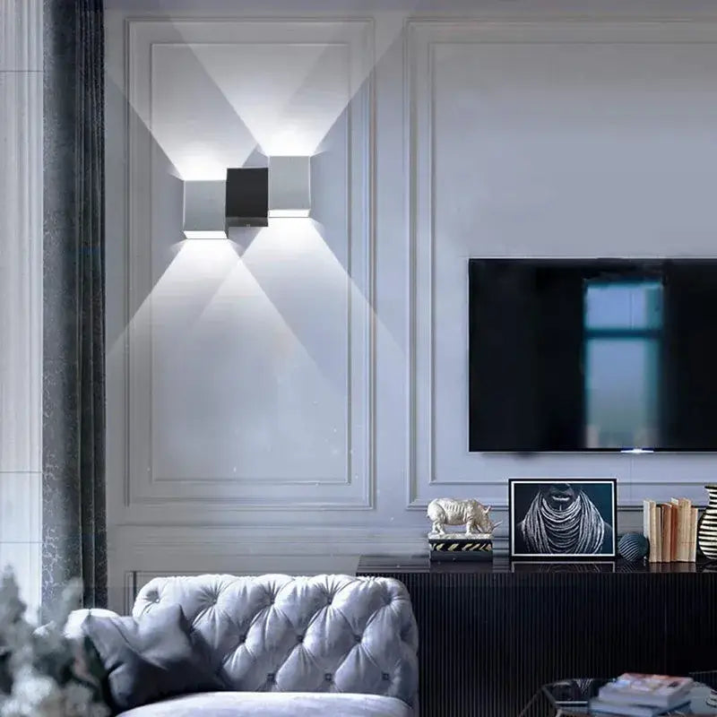 Modern geometric DecorBites aluminum led wall lamp with sleek silver finish and dual angular light fixtures for living room