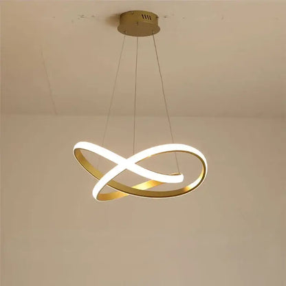 DecorBites aluminum line pendant light with gold-finished infinity loop and illuminated white LED bands for dining rooms