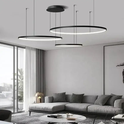 Modern black circular aluminum rings led pendant light by DecorBites for living room bedroom and dining room use