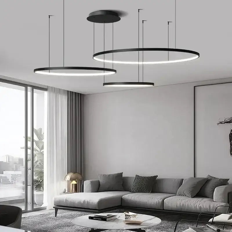 Modern black circular aluminum rings led pendant light by DecorBites for living room bedroom and dining room use
