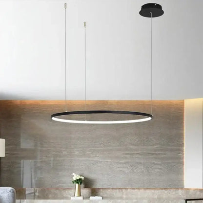 Black circular pendant light with aluminum rings led design and thin metallic cords for living and dining rooms