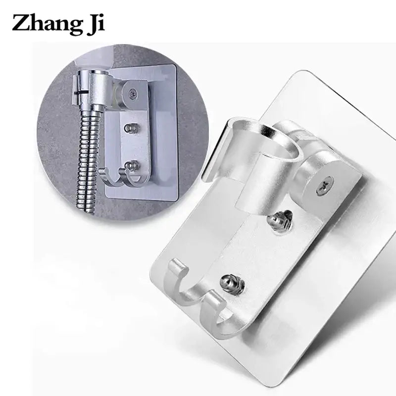 Silver metallic decorbites aluminum showerhead holder with sleek modern design and two curved hooks for secure hanging