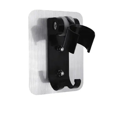 Black metal wall-mounted DecorBites aluminum showerhead holder with sleek design and three adjustable screw fasteners