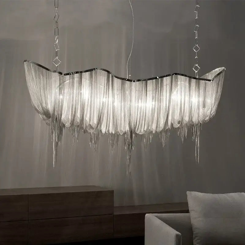 Silver decorbites aluminum tassel chandelier with wave-like design and cascading fringe for living room pendant light