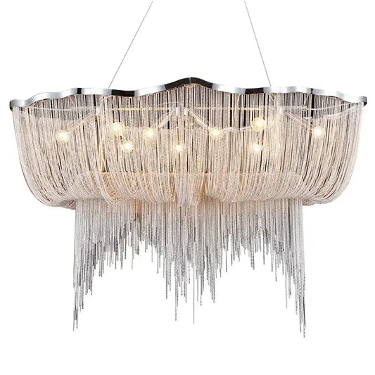 A modern silver-toned decorbites aluminum tassel chandelier with scalloped frame and cascading metallic chains for living room