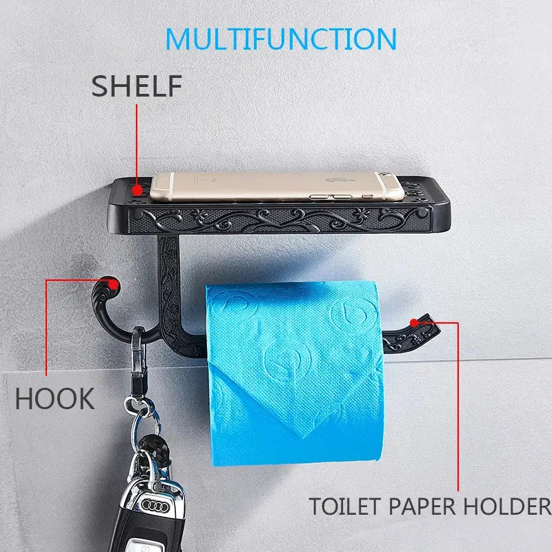 Black ornate aluminum toilet paper holder with integrated hook and phone rack for convenient paper holder use