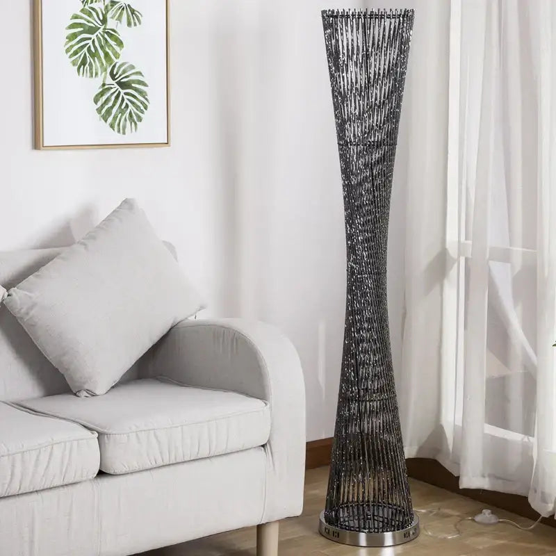 DecorBites aluminum tower floor lamp with sleek black and silver metallic wire design for modern living room decor