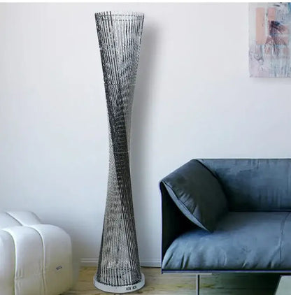 Silver metallic floor lamp with slender conical aluminum chain design decorbites aluminum tower floor for living room decor