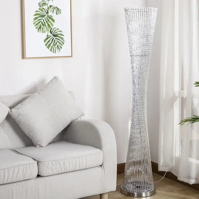 Silver metallic decorbites aluminum tower floor lamp with slender interwoven wire mesh design for living room decor