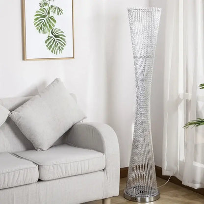 Silver metallic decorbites aluminum tower floor lamp with slender interwoven wire mesh design for living room decor