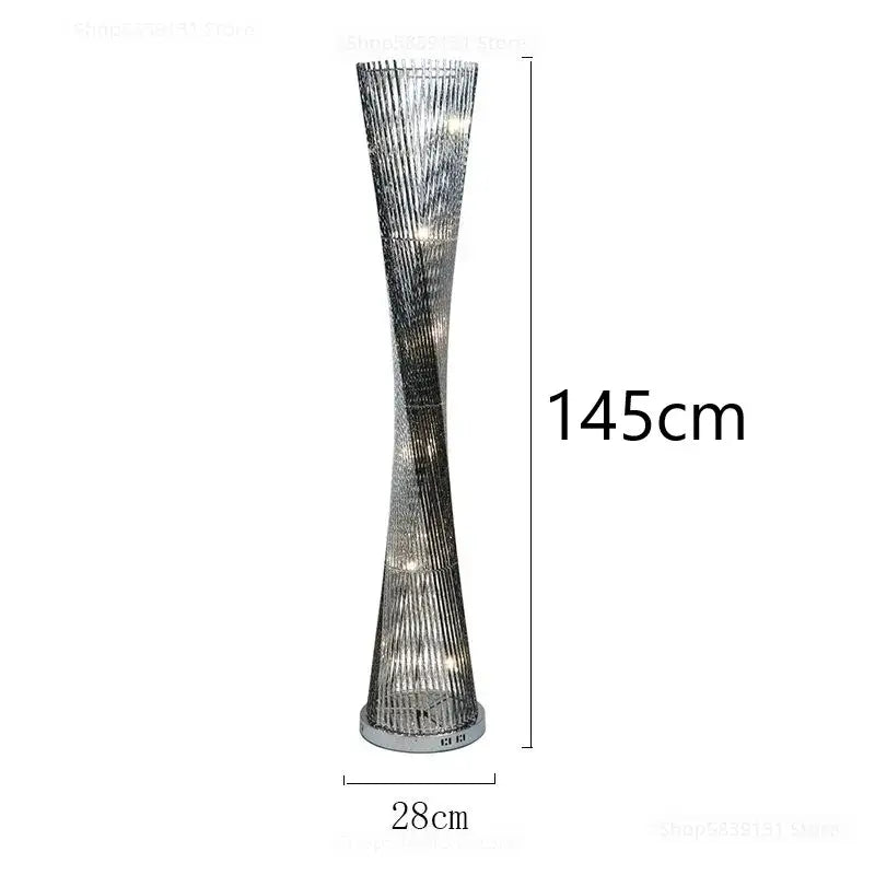 DecorBites aluminum tower floor lamp with twisted metallic design and embedded LED lights for modern living room decor