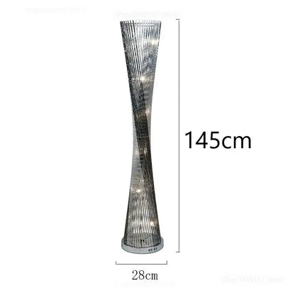 DecorBites aluminum tower floor lamp with twisted metallic design and embedded LED lights for modern living room decor